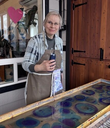 Dorothea starting her silk scarf masterpiece